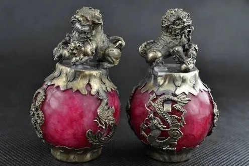 

Metal Crafts Asian Old Handwork Jade & Tibet - Silver Armored LION Pair Kylin Statue fast shipping