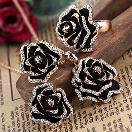 Аксессуары роза Мода Преувеличенные кольцо черный цветок серьги гвоздики Роза набор золотого ожерелья женский tz53