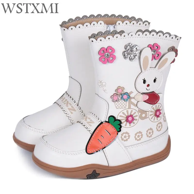 

2018 Winter Shoes Baby Boots for Girls Snow Boots Kids Leather Waterproof Fashion Flower Rabbit Pattern Plush Warm Children Boot