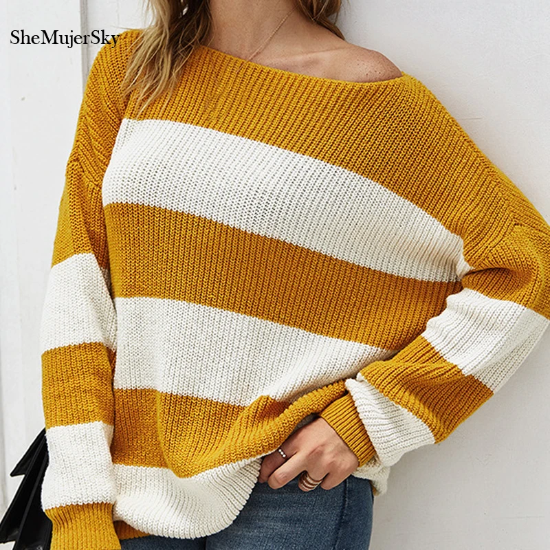 SheMujerSky осень Для женщин вязаный свитер, свободного кроя в полоску пуловер Свитера 2019 swetry; искусственная кожа; Прямая продажа (дропшиппинг);