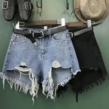 

High waist denim shorts women fashion summer loose wide leg tassel wild hole jeans shorts