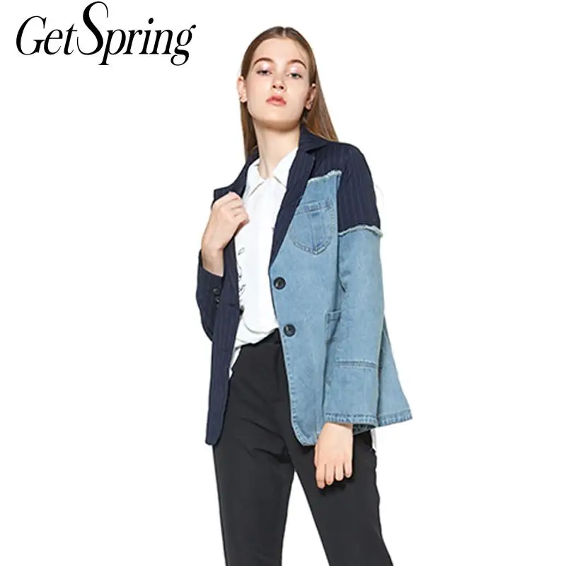

GetSpring Women Blazer Jacket Denim Jacket For Women Blazer Jeans Suit Denim Blazer Long Sleeve Asymmetrical Striped Women Top