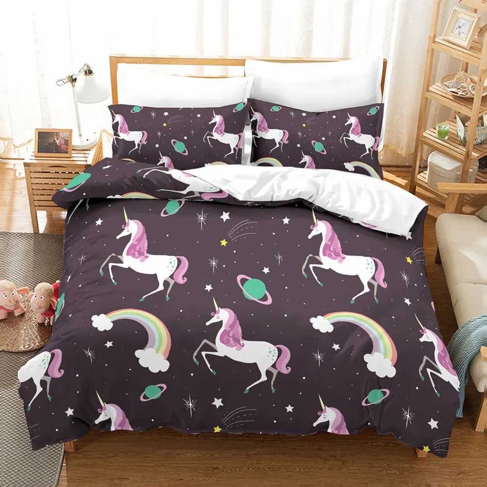

Rainbow Unicorn Fairytale with Sparkling Stars and Universe Twin Queen King Size 2or3 piece 3D Bedding Set 100% Microfiber