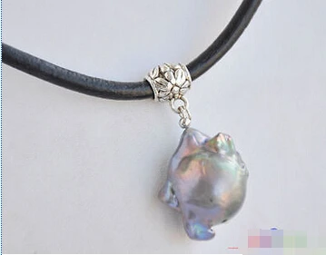 

Free shipping@@@@@ P4884 Huge 17" 22mm black baroque keshi reborn pearl pendant leather necklace
