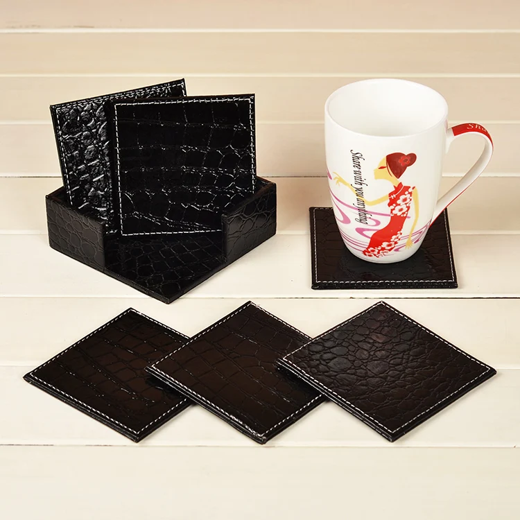 6pcs/lot Restaurant desk wooden CUP Mats Tea Coasters with Faux Leather