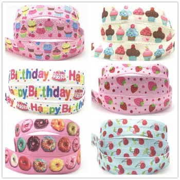 

Ice Cream Cake Strawberry Cherry Print Fold Over Elastic Ribbon 16mm Donut FOE Webbing for Girls DIY Headwear Birthday Party 10y