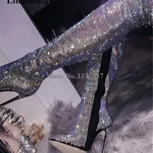 Для женщин Роскошные Стразы острый носок сапоги выше колена; обувь на тонком каблуке; с блестящими кристаллами; тонкие длинные сапоги на высоком каблуке свадебные туфли