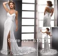 Wholesale 2013 New Designer Summer Beach Backless Chiffon White Wedding Dresses With Slit And Zipper W2015