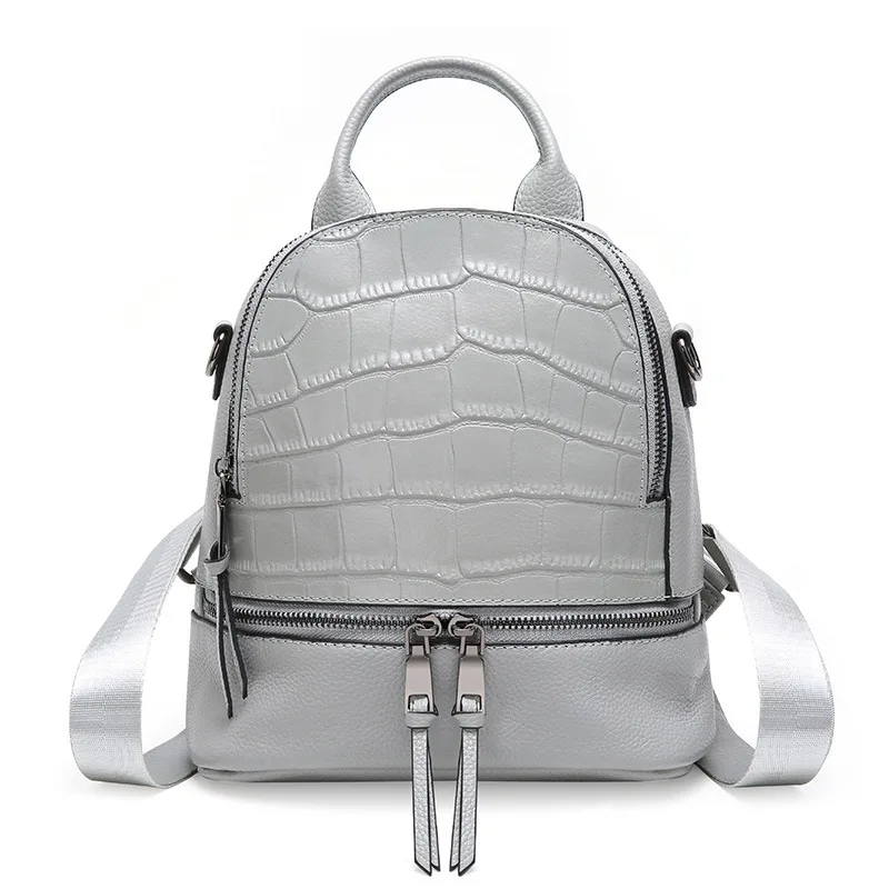 

Boshikang Women Backpack Genuine Leather School Bags Teenager Girls Alligator Pattern Female Preppy Style Small Backpack Grey