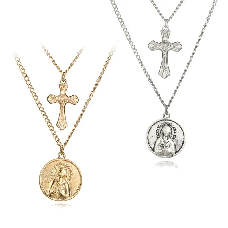 

NTTHNCF Antique Multilayer Virgin Mary Pendant Necklace Jesus Christ Cross Fashion Jewelry For Women Christmas Gifts