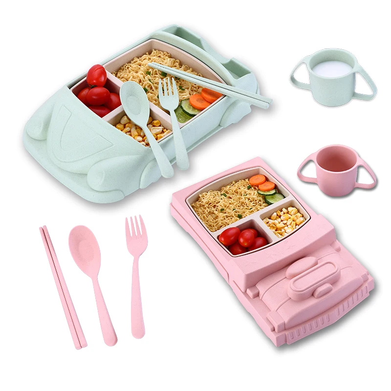 2pcs/set Baby Feeding Plate Children Plastic Tableware Plane Tray Infant Removable Dishes Bamboo Fiber Toddler Training Bowls