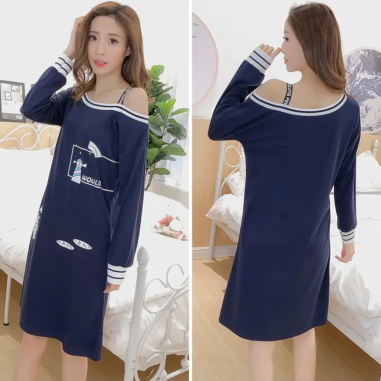 Весенние модные хлопковые ночные рубашки с длинным рукавом для женщин, домашнее платье с принтом, ночное платье, ночная рубашка