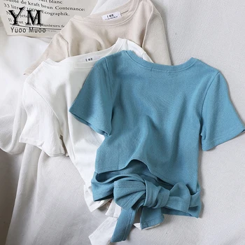 

YuooMuoo Back Bow Tie Design Bandage Tops 2019 Summer T Shirt Cotton Women Good Quality Soft Crop Top Fitness Ladies Tee Shirts