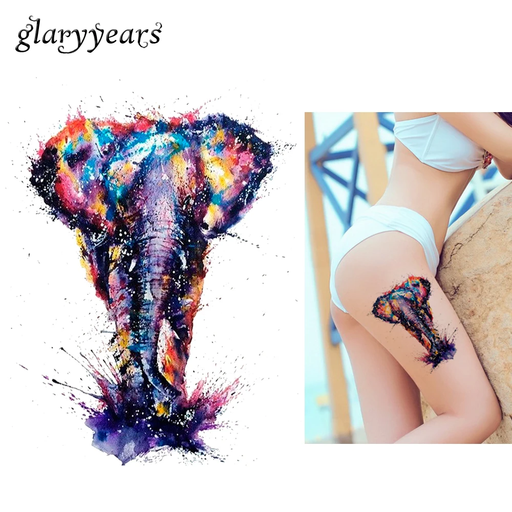 

Hot 1pc Water Transfer Fake Tattoo KM-077 Colorful Drawing Elephant Decal Waterproof Temporary Tattoo Sticker for Women Body Art