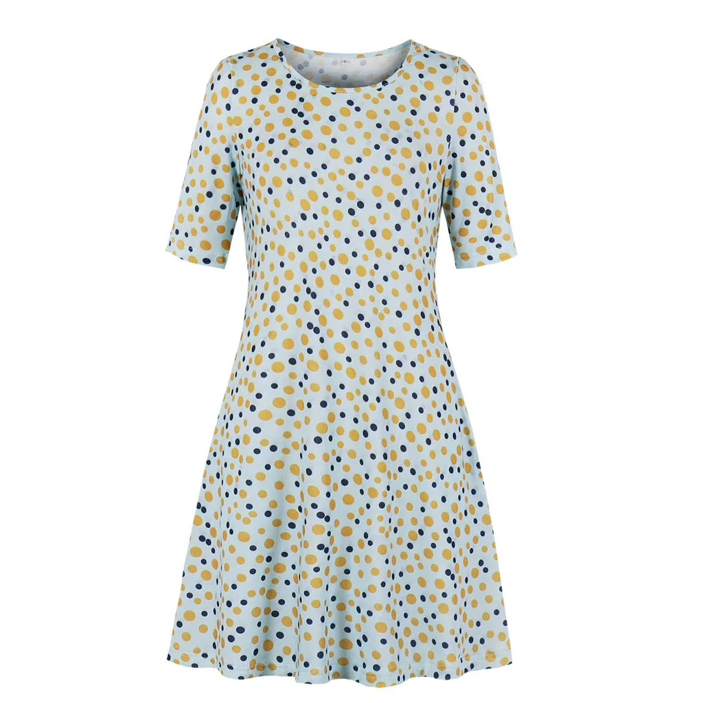 

Summer Women Beach Dress Sundress Polyester Casual Loose Yellow Dot Printing O-Neck Short Sleeve Loose Plus Size Dress L624