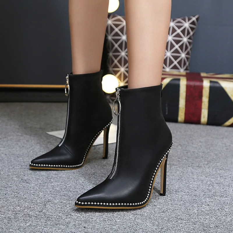 Front zipper women chelsea boots beading decorate bottom short booties ...