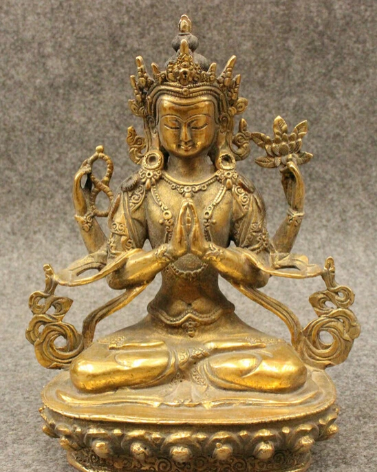

song voge gem S4999 8" Tibet Bronze Gilt 4 Hands Chenrezig Buddha Kwan-yin Bodhisattva Seat Statue