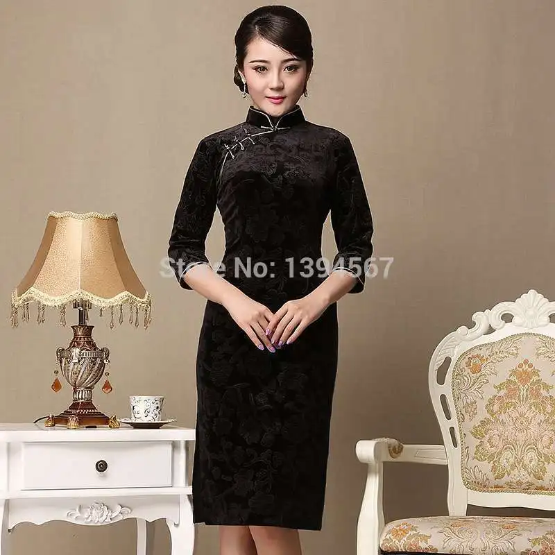 2015 Best Gift For Mother Traditional Chinese Clothing Qipao Black Velvet Women Cheongsams Formal/Daily One-piece Dress S-XXXL |