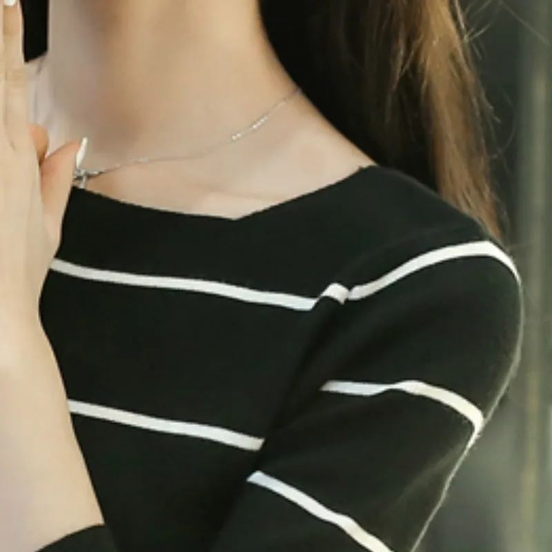 Neploe Korean Skinny Simple Women Sweaters Slash Neck Striped Full Pullovers Sleeve Jumper Sweater Cotton Sweater 45432