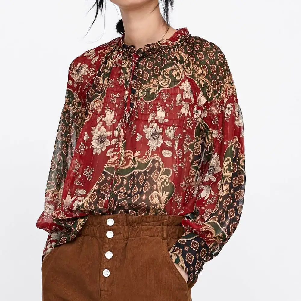 

za Actumn women print shirts style print blouses tie bow Shirts Womens Camisa loose Blusas sleeve Blouse