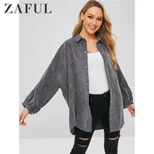 ZAFUL Pocket Oversized Corduroy Shirt Women Button Down Shirt Collar Long Sleeve Solid Color Shirts Blouses Casual Ladies Tops button down long sleeve pocket shirt