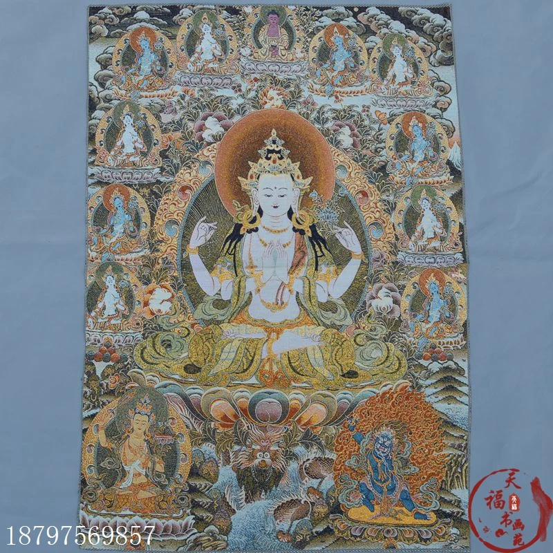 

christmas Tangkazangka brocade silk painting embroidery Tibetan Buddha gold silk Thangkadu Buddha four arms Guanyin halloween