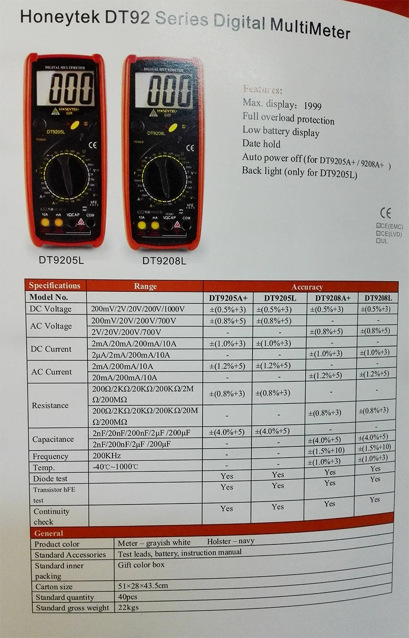 DT9208A+ Digital LCD Multimeter Meter Current ACDC Voltage Resistance Capacitance Frequency Temperature Tester Detection
