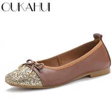 OUKAHUI/весенне-летние блестящие туфли из натуральной кожи; женские балетки на плоской подошве с квадратным носком; туфли-лодочки с бантом; женская обувь; 41