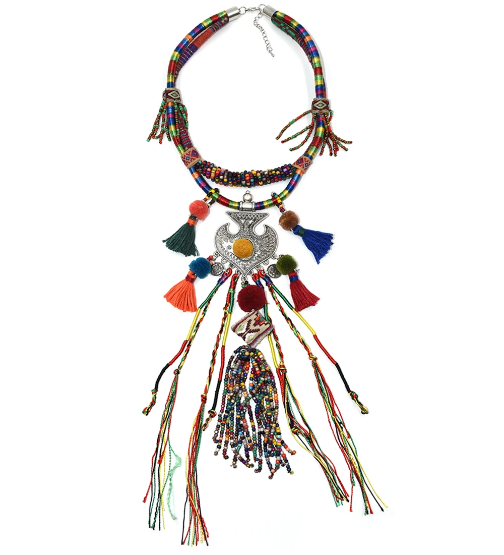 clothing accessories Bohemian boho ethnic beaded tassel choker Necklace handmade colorful beads long fringe Pendants Necklace