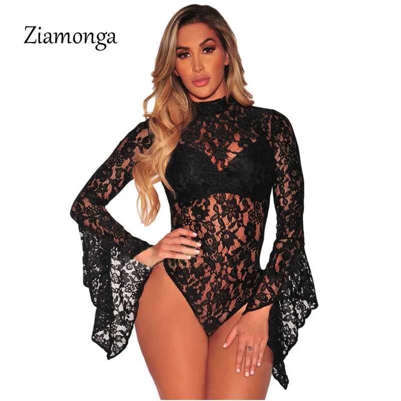 

Ziamonga Transparent Sexy Lace Bodysuits Women Autumn Bell Long Sleeve Turtleneck Elegant Open Back Party Rompers Women Jumpsuit