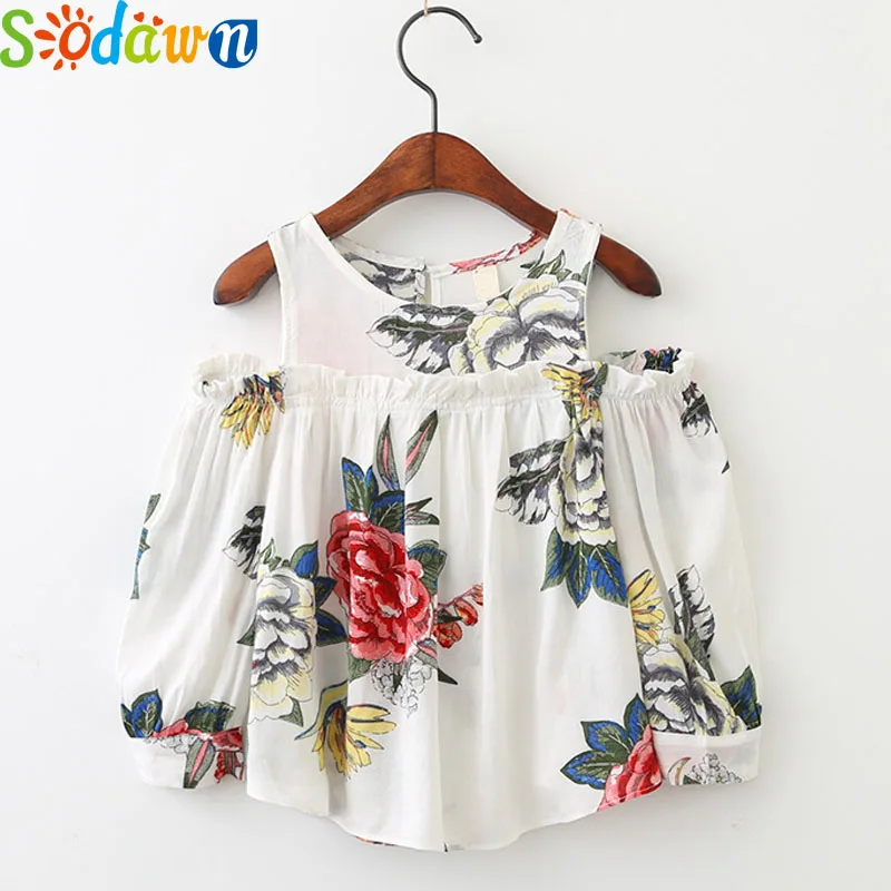 Sodawn/Модная детская одежда, одежда для девочек, лето-осень, цветочный принт, с открытыми плечами, рубашка для девочек, детская одежда