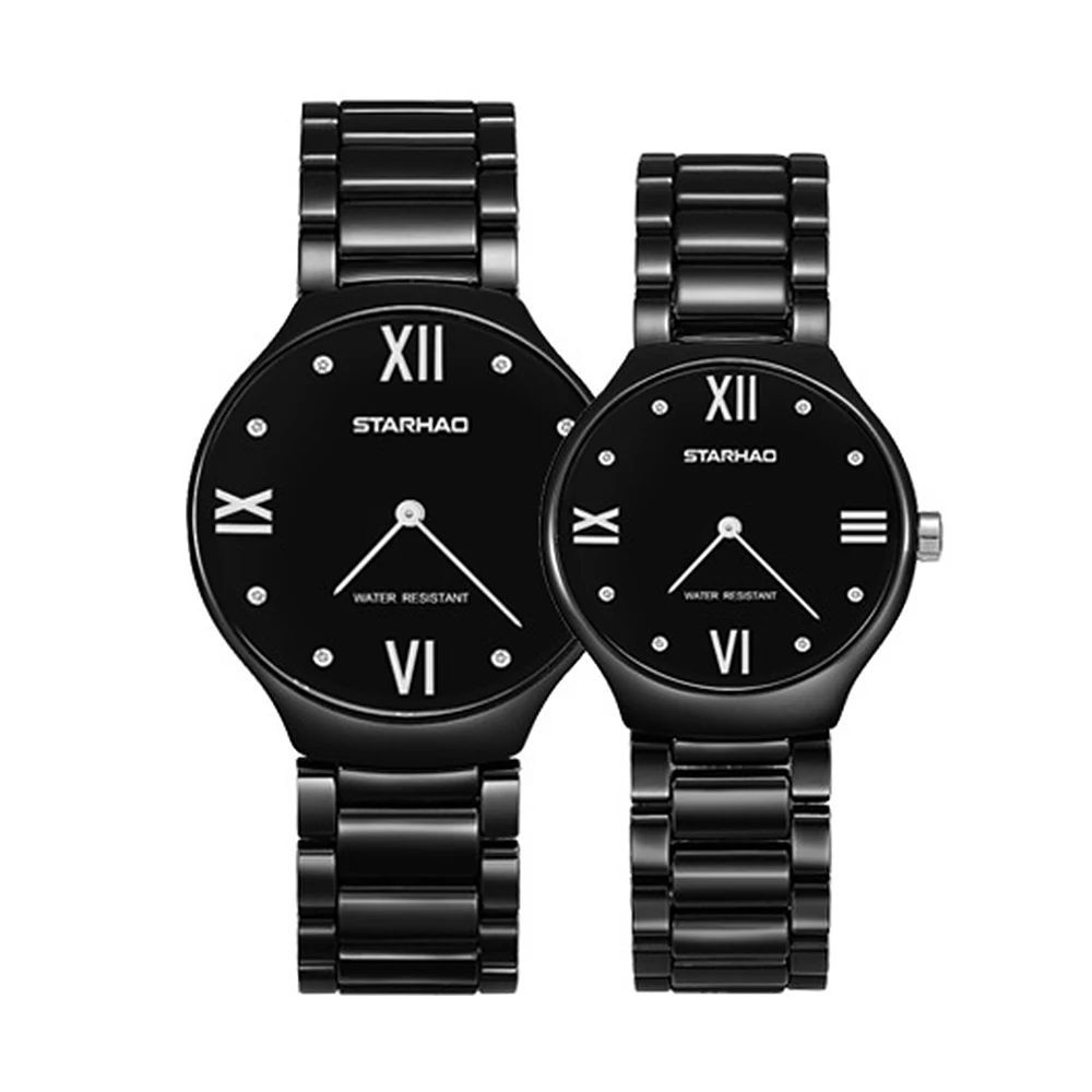 

O.T.S Black Round Watches for Women Men Luxury Ceramic Strap Couple Clock Ladies Wristwatches Waterproof Men's Quartz Watch