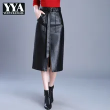 Корейский тонкий пояс из искусственной кожи юбка Женская Плюс Размер M-4XL искусственная кожа осень зима черный высокая талия юбки женские OL стиль