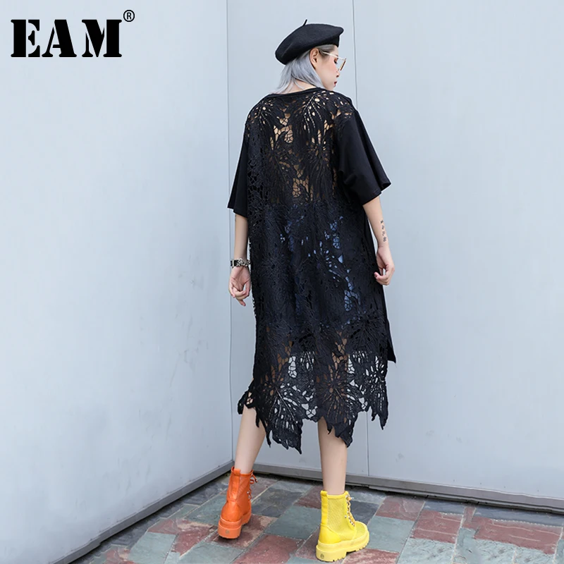 

[EAM] 2019 New Spring Summer Round Neck Short Sleeve Back Lace Split Joint Loose Big Size Temperament Dress Women Fashion JW281