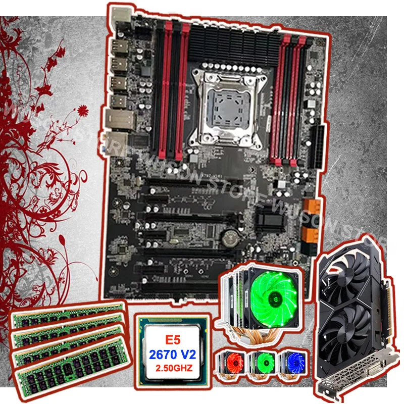 Материнская плата X79 для игрового ПК, комплект брендовой материнской платы с процессором Xeon 2670 V2 2,5 ГГц с кулером оперативной памяти 4*16G 1600 RECC GTX1050TI 4G