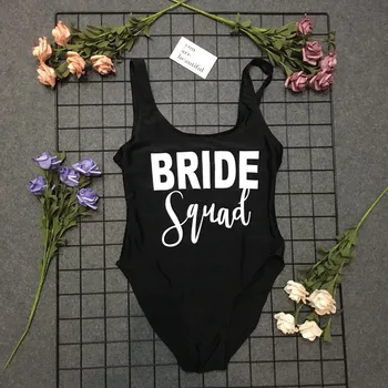 

BRIDE squad 2018 Sexy One Piece Swimsuit Women Swimwear Print Bodysuit Cut Out Beach Wear Bathing Suit Monokini Black Swimsuit
