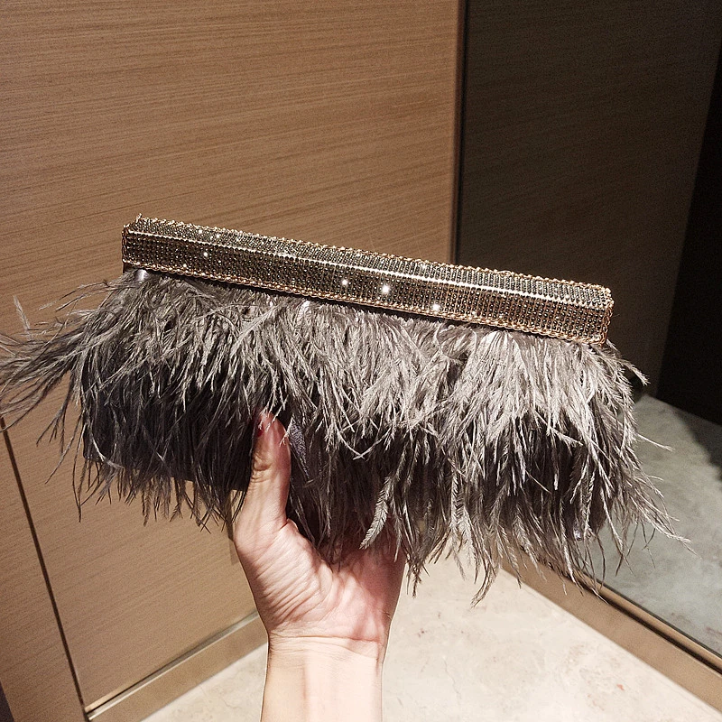 Luxury Real Ostrich Feathers Handbag Evening Bags Women's Pouch Purse Famous Brand dinner party Diamond Clutch bag For Ladies Luxury Real Ostrich Feathers Handbag Evening Bags Women's Pouch Purse Famous Brand dinner party Diamond Clutch bag For Ladies