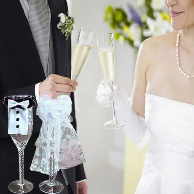 

2x Bride And Groom Wedding Party Wine Glasses Champagne Flutes Cover Decoration