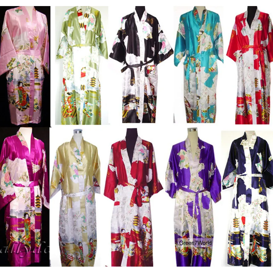 Women 10Color sexy kimono robe gown Chinese silk rayon lingerie long sleepwear printed fairy pajama size