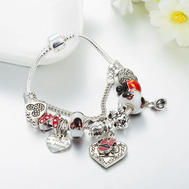 VIOVIA цепочка с Микки-Маусом, очаровательные браслеты и ювелирные женские браслеты, серебряные бусины Минни, браслет для женщин, подарок B19017