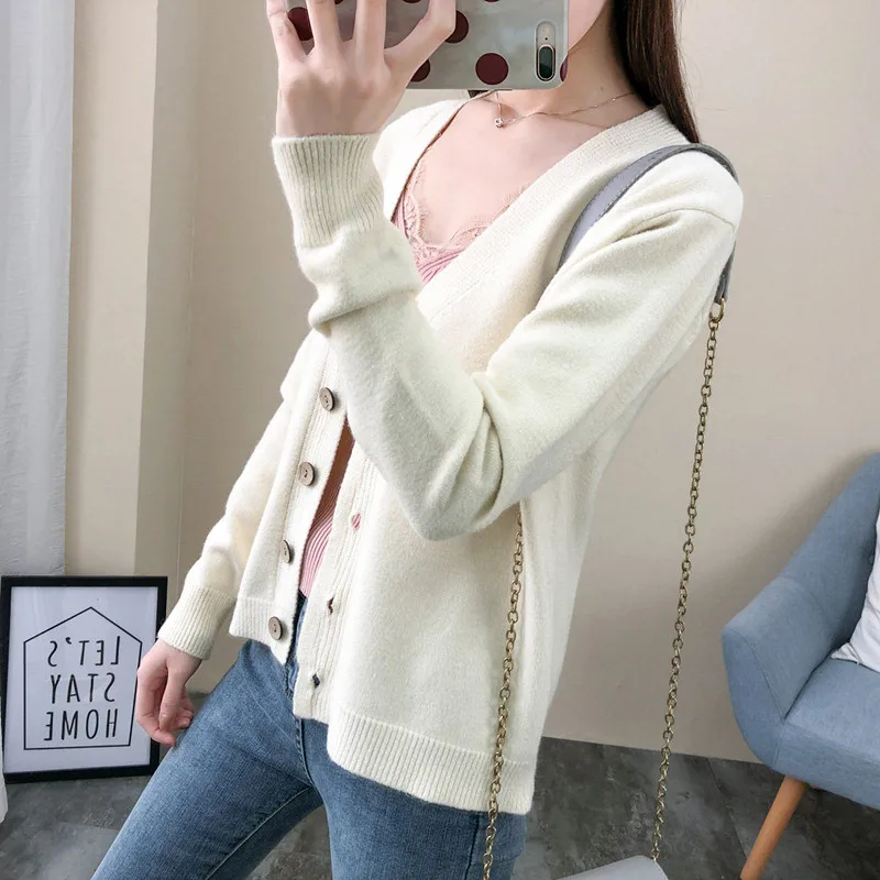 Knitted Cardigan Women 2019 Spring New Korean V-Neck Retro Sweater Jacket Elegant Solid Color Long Sleeve Ladies Knitwear Lj338