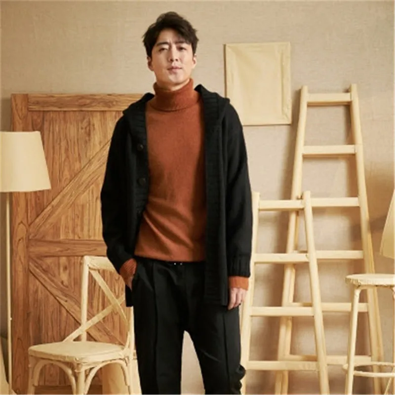  100%hand made pure wool hooded knit men fashion solid loose single breasted cardigan sweater one&ov