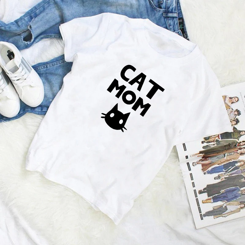 

LUSLOS Cat Mom Cute Cat Female Harajuku Tshirt Summer Women Short Sleeve Casual O-neck T Shirt Plus Size Femme Streetwear Tees