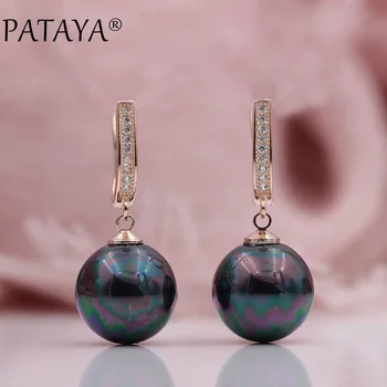 

PATAYA New Trendy Multicolor Faux Shell Pearls Round Natural Zircon Long Drop Earrings Women Wedding Party Luxury Jewelry Gift