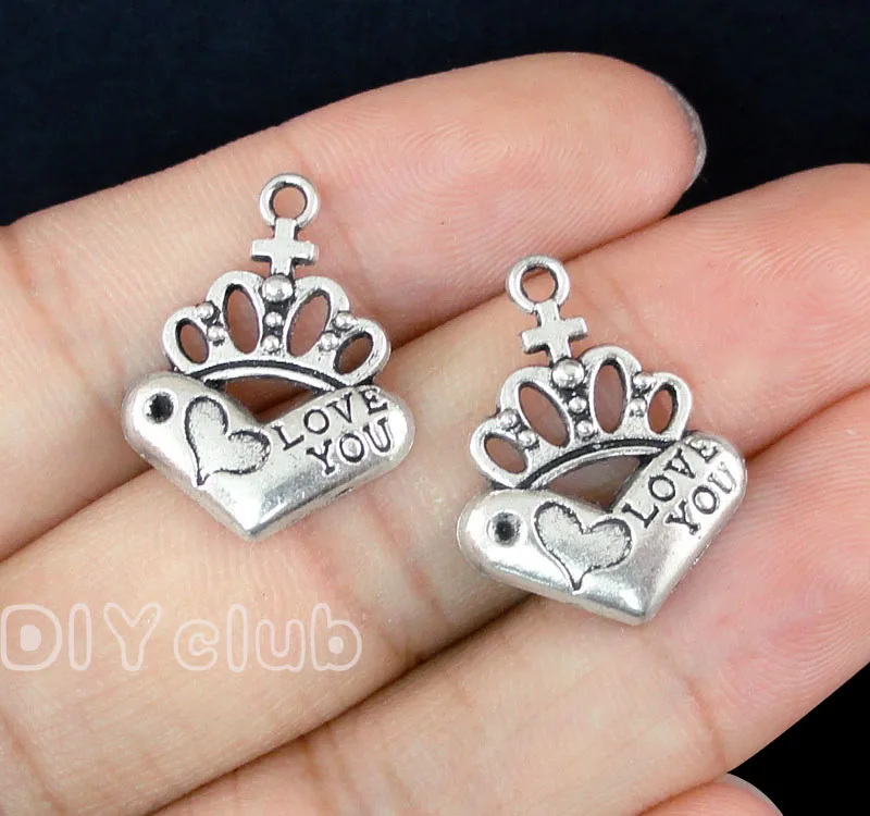 70pcs антикварные серебро/бронза корона Сердце Подвески Кулон 22x18 мм|Шармы| |