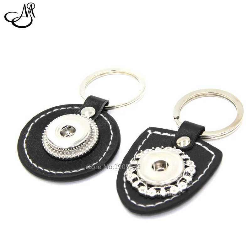Mixed 2 Style Real Leather Key Chains & Key Rings Oval Black Fit Snaps