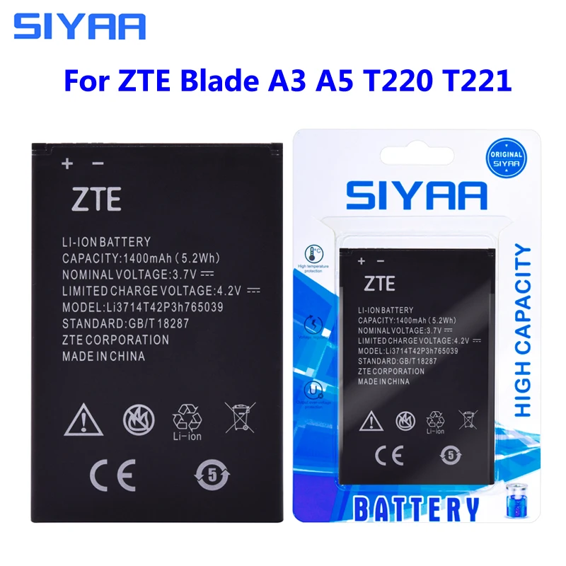 

Original SIYAA Battery LI3714T42P3H765039 For ZTE Blade A3 T220 AF3 T221 A5 AF5 High Replacement Battery Real Capacity 1400mAh
