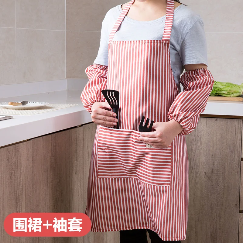 

Home waterproof cooking apron set with sleeves kitchen anti-oil fried vegetables waist Korean fashion ladies' smock
