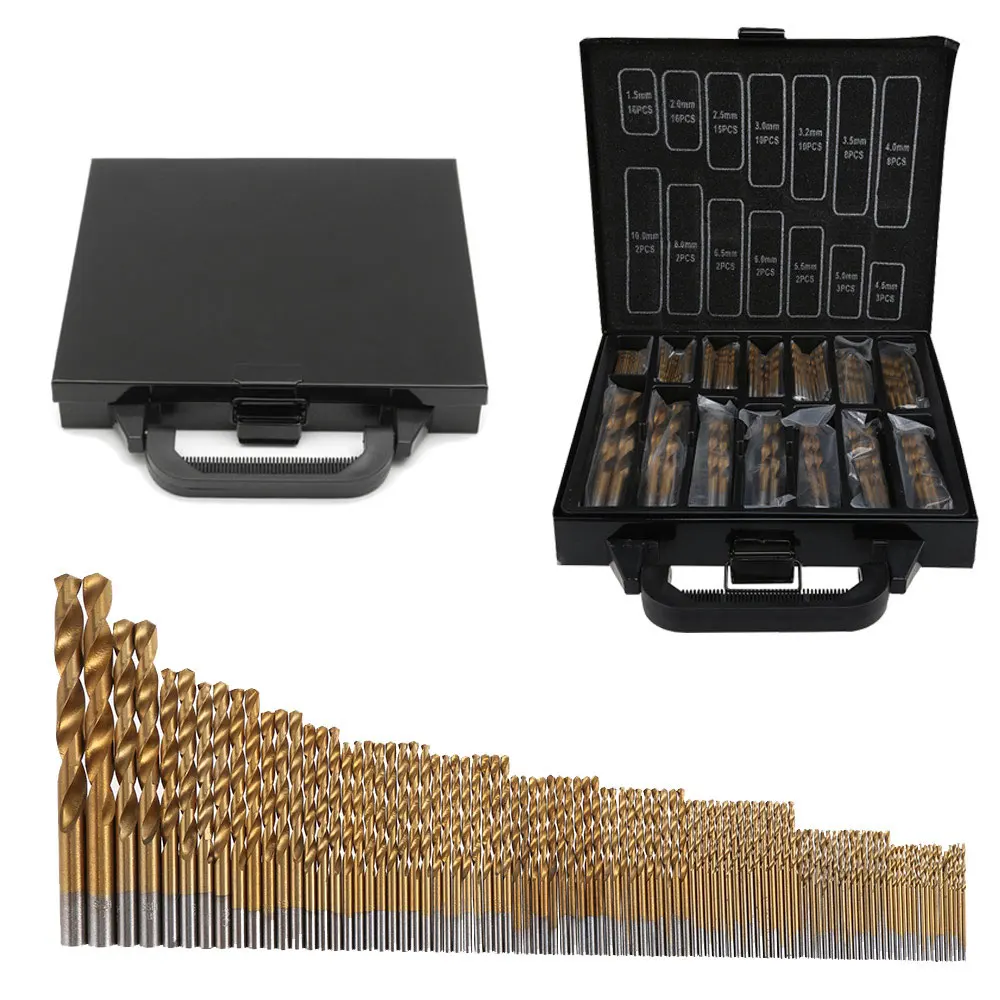 

Milda Iron Box packing 99PCS HSS Twist Drill Bits Set 1.5-10mm Titanium Coated Surface 118 Degree For Drilling woodworking