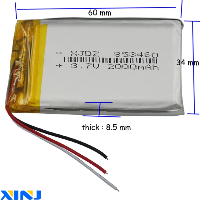 3.7V 2000mAh 7.4Wh 3 Wires Thermistor Lipo Polymer Li Battery 853460 For  GPS Music